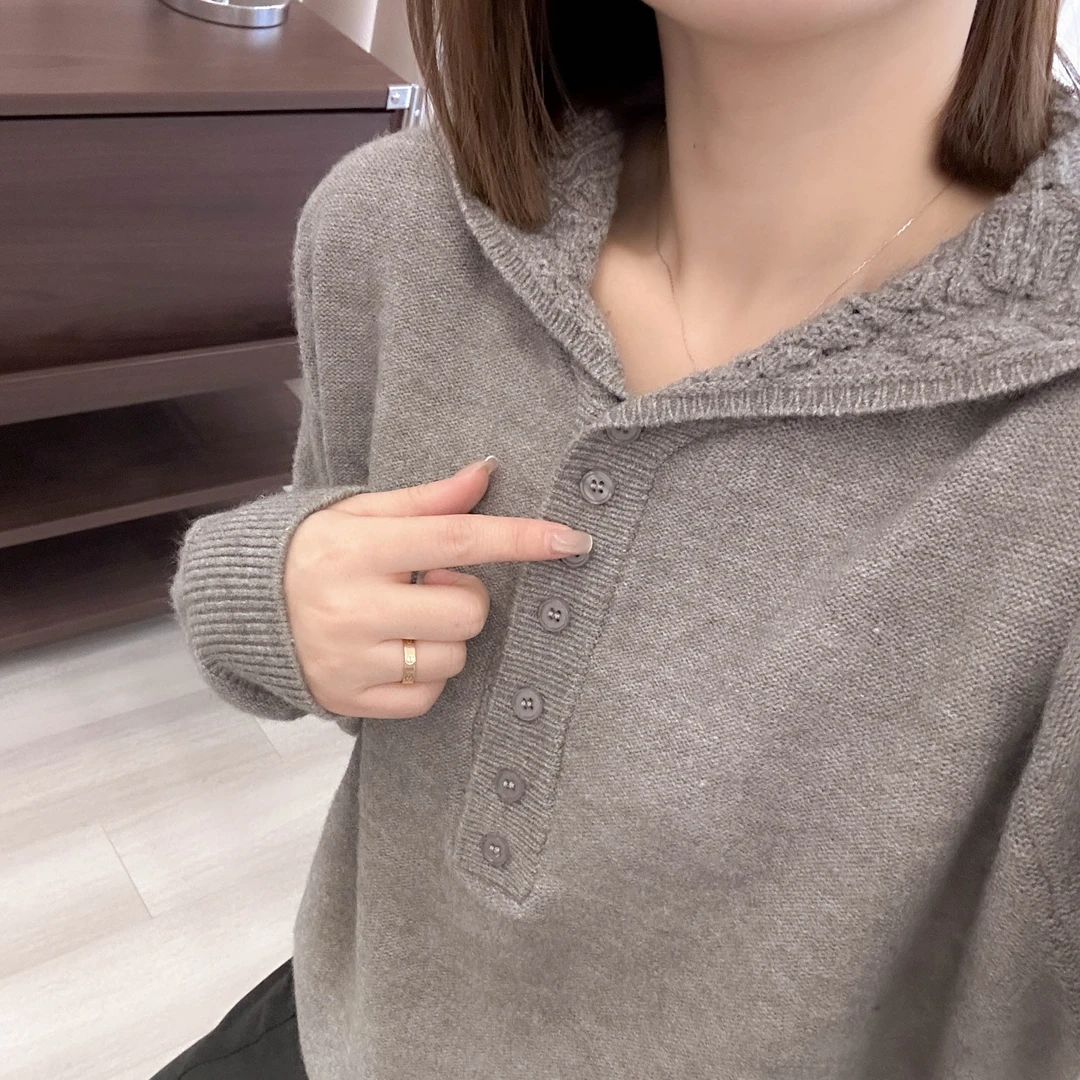 勾花连帽纽扣半开门襟套头针织衫春秋季新款上衣宽松韩版毛衣女士