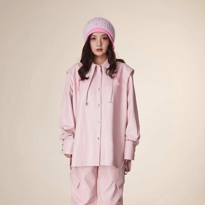 【芋总】[蛋白皮]LALABOBO23冬新款休闲垫肩翻领PU仿皮衣外套|LBCD-