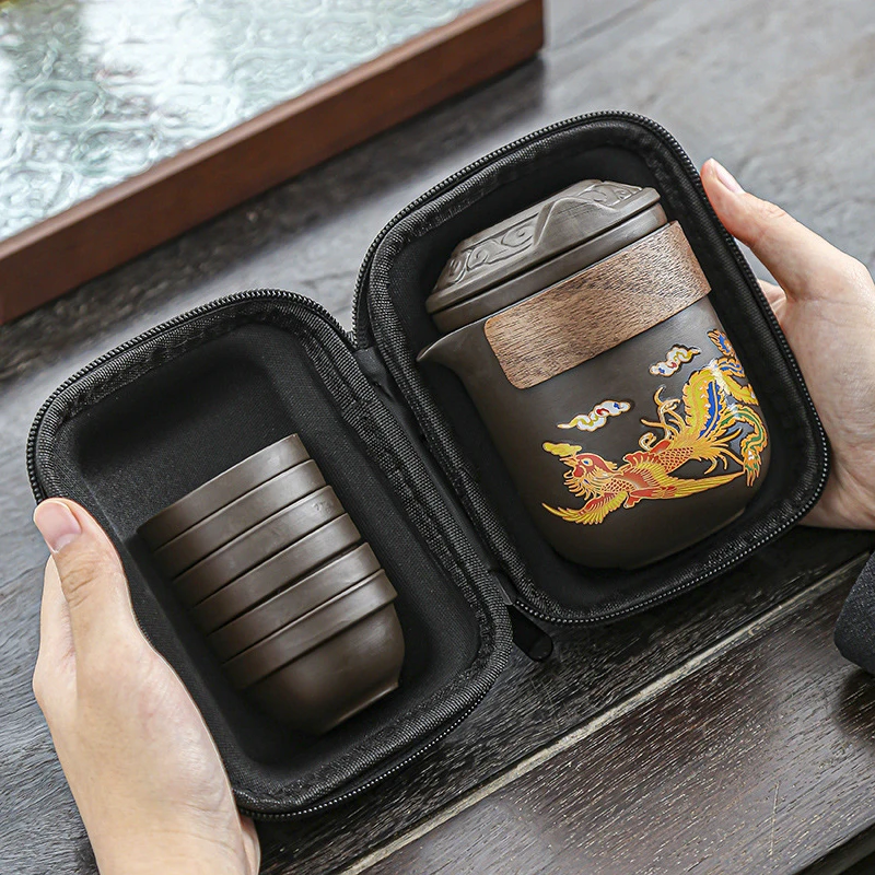 紫砂旅行功夫茶具套装便携式变色龙凤呈祥露营随身快客六杯可