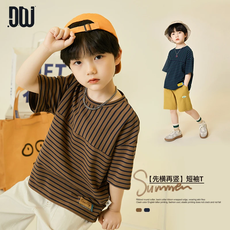 多多家5249 男童中大童圆领夏季新款条纹撞色短袖T恤儿童上衣