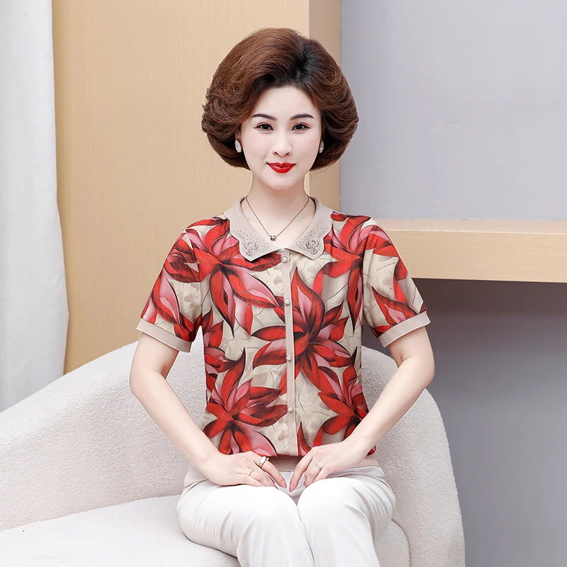 新款妈妈夏装短袖洋气冰丝T恤套装50岁中老年女宽松大码气质小衫