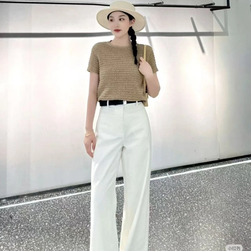 艾家2025新款休闲百搭简约镂空设计师款圆领套头针织短袖8176