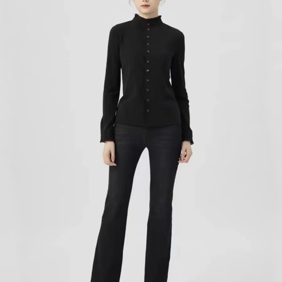 GIRDEAR/哥弟复古气质新款法式木耳边法式木耳边立领简约衬衫