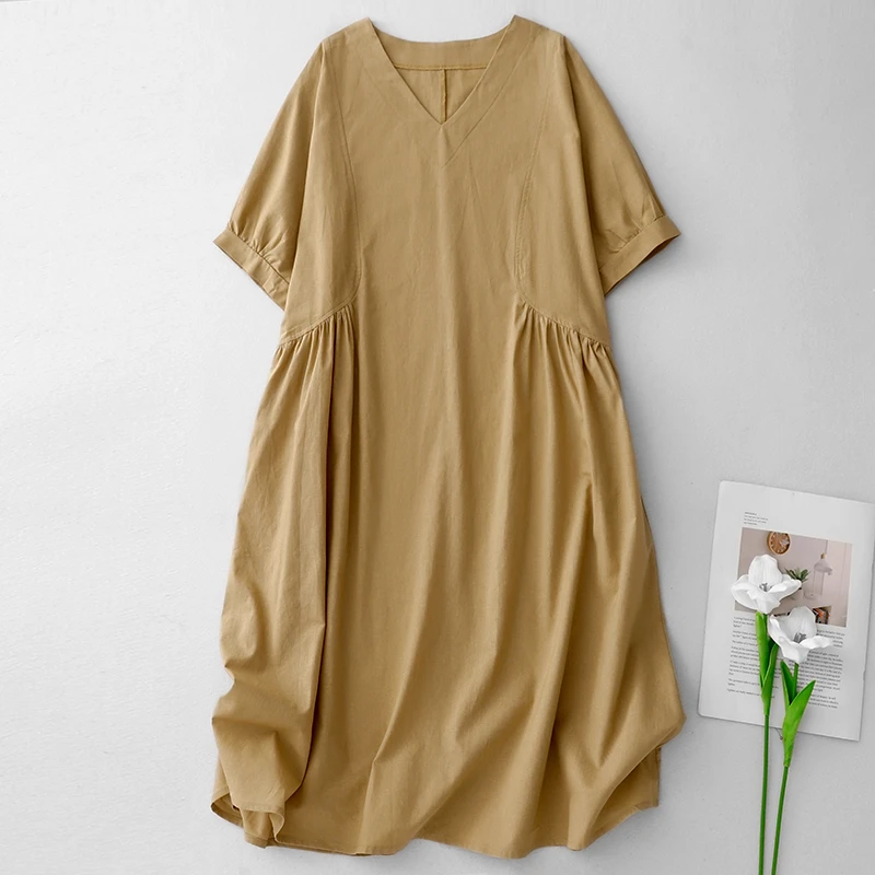 夏季新款棉麻短袖连衣裙女士胖妈妈宽松中长款v领亚麻休闲大摆裙