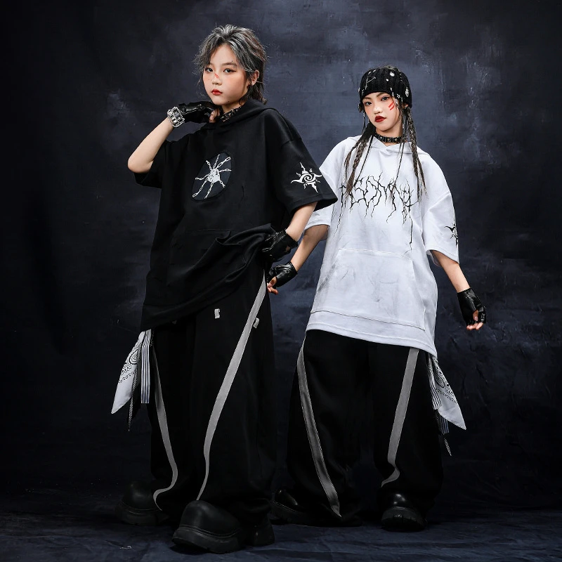 嘻哈童装潮牌街舞儿童潮服锁链裂纹男童黑白套装hiphop女童演出服