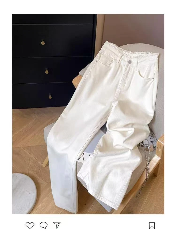 【现货送腰带+运费补贴】白色蕾丝春夏高腰牛仔裤显腿长窄版牛仔裤