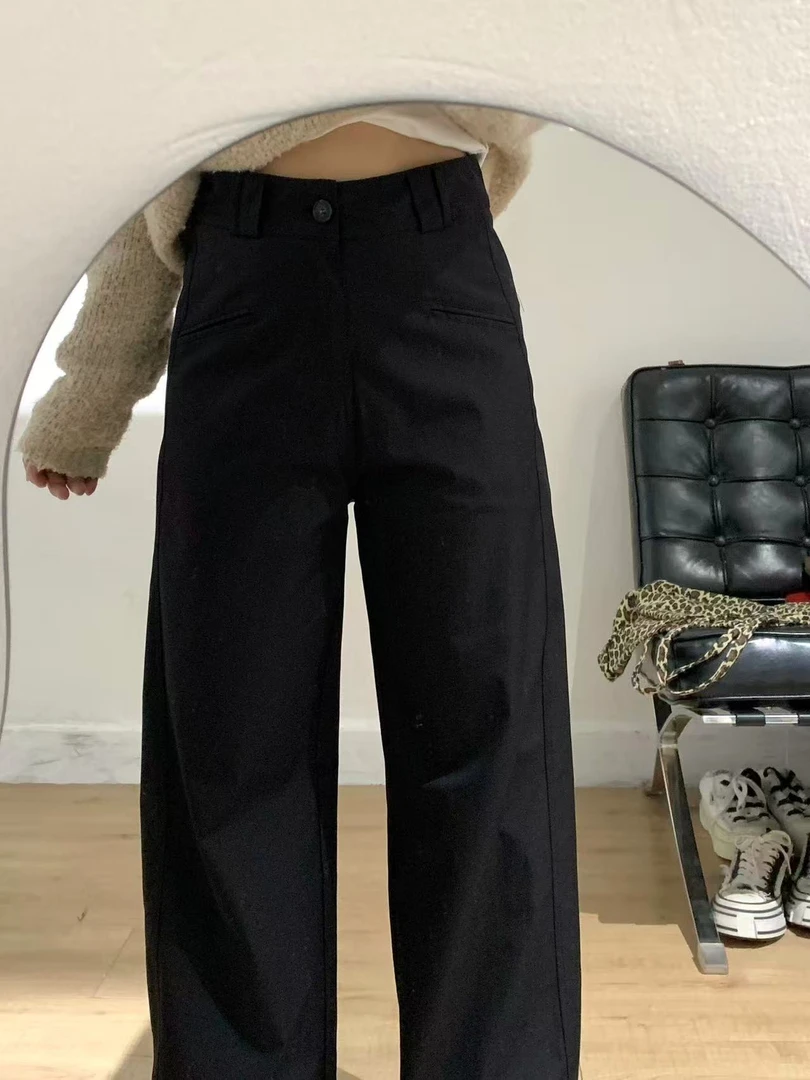 八字口袋西装裤女胖mm秋冬季加绒加厚显瘦垂感宽松直筒阔腿弧裤