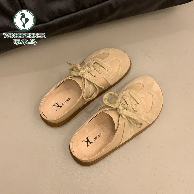 啄木鸟勃肯鞋女网红平底包头半拖鞋女外穿2025新款秋冬一脚蹬单鞋
