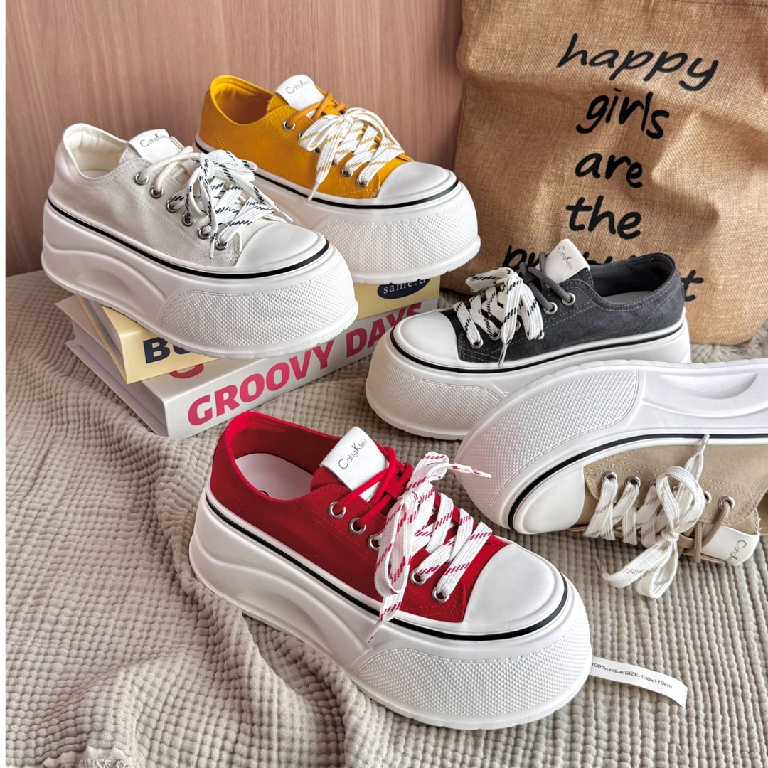 CahgKfeju帆布鞋女款2025爆款百搭增高系带休闲鞋 8325201
