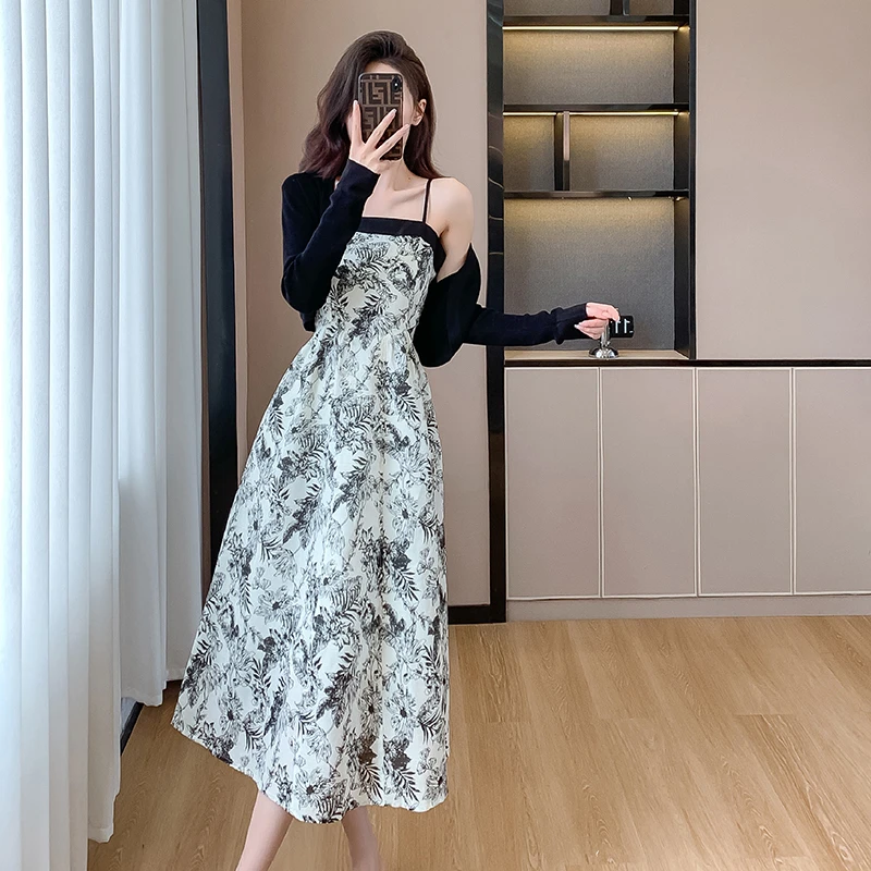 【两件套】2024新款黑色开衫外套无袖吊带碎花连衣裙套装裙子1178