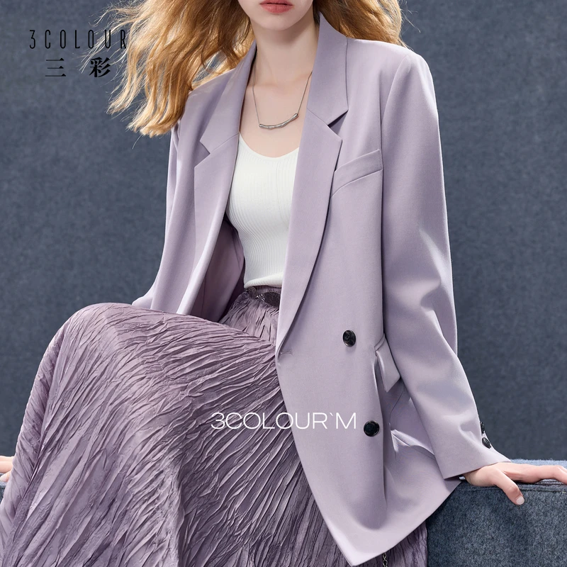【羊毛+莱赛尔】三彩2025秋季新款灰紫色休闲西装外套宽松西服女M