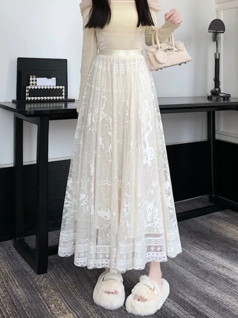 【伊家】新款时尚蕾丝半裙高腰伞裙中长款