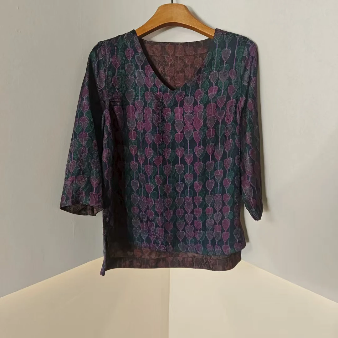 【青青】提花中国风长袖短款新中式V领T恤中式上衣