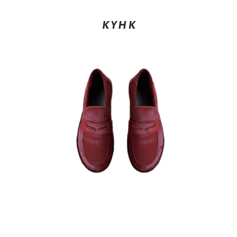 KYHKKYHK酒红色圆头绒面一脚蹬平底乐福鞋240714