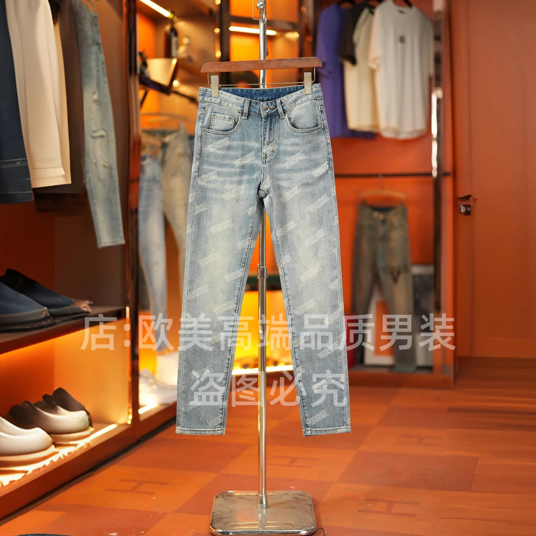 秋冬季新款高端男士欧货印花浅色复古牛仔裤修身弹力个性休闲百搭