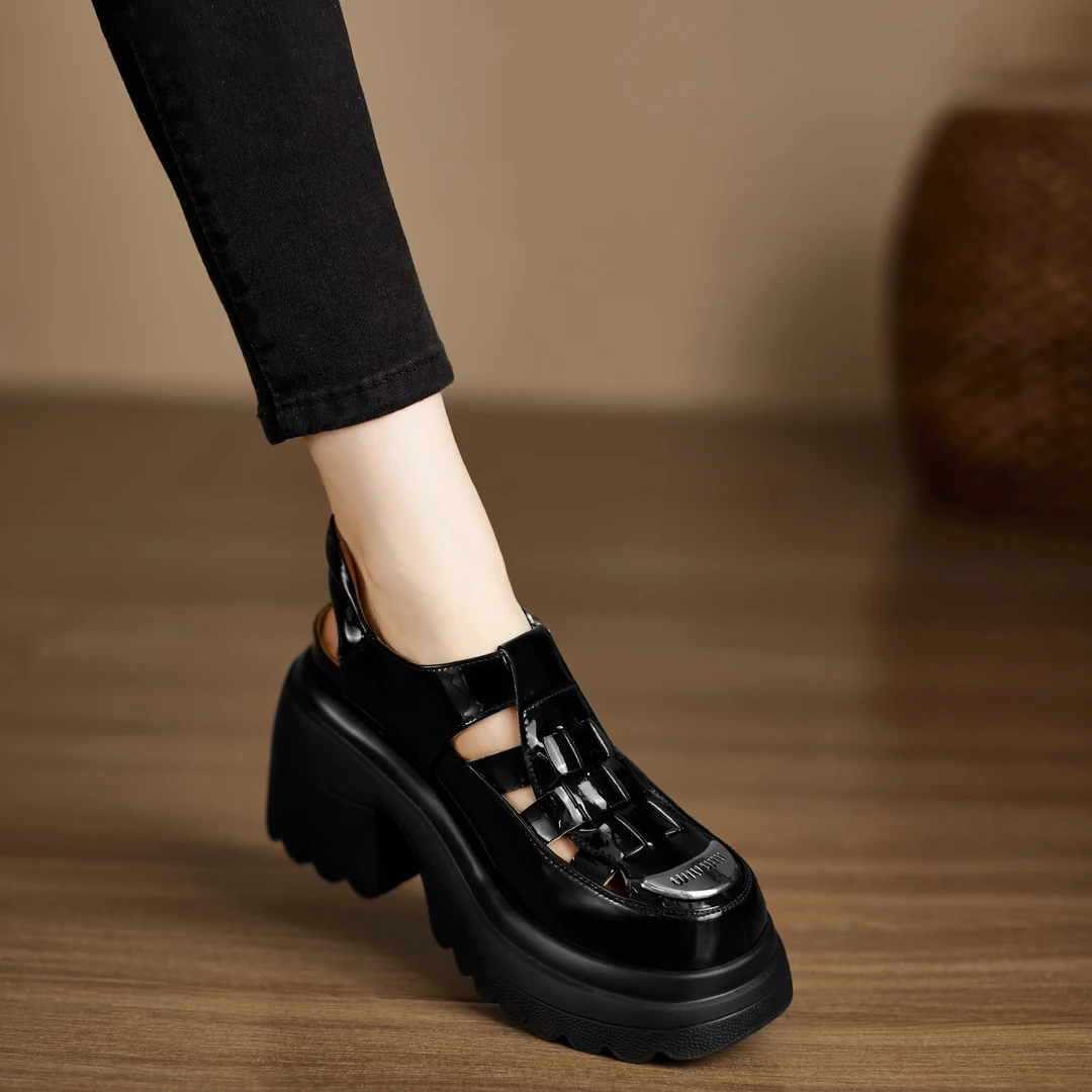 小个子手工女鞋10cm~新款包头镂空厚底增高凉鞋不累脚气质高跟鞋