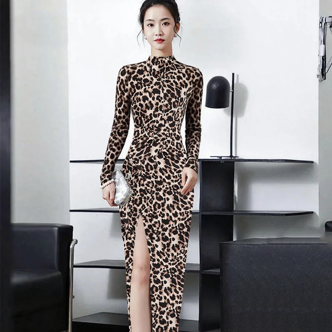 豹纹气质性感欧美时尚印花大码修身2025秋季新款开叉长裙连衣裙女