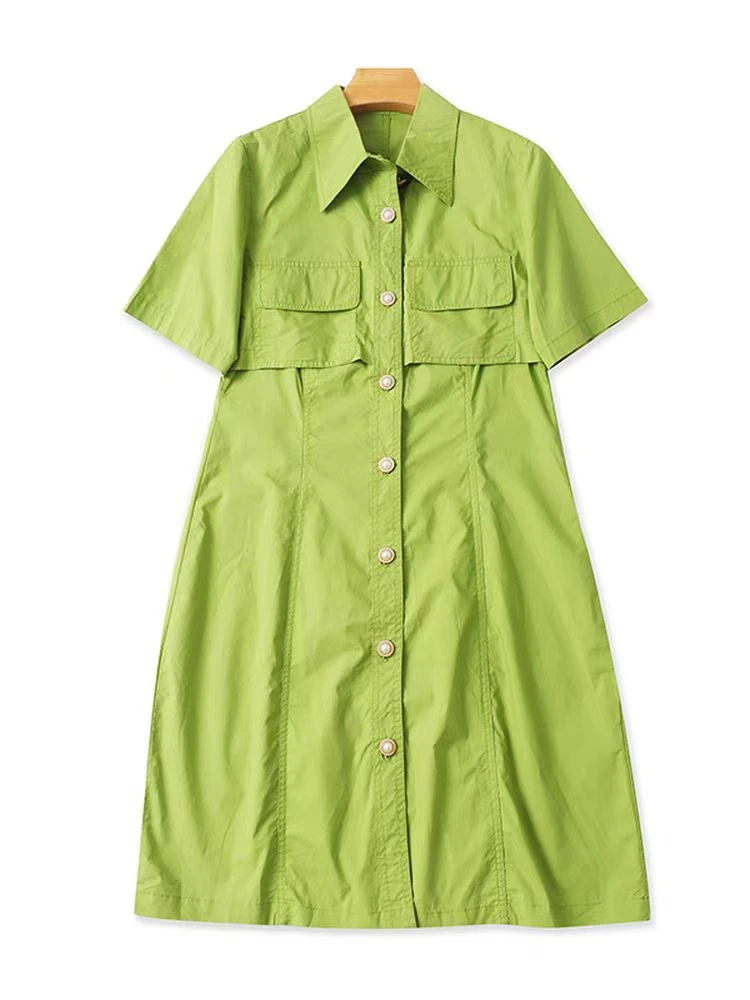 2217/法式A字翻领开衫假两件连衣裙(裙长约90