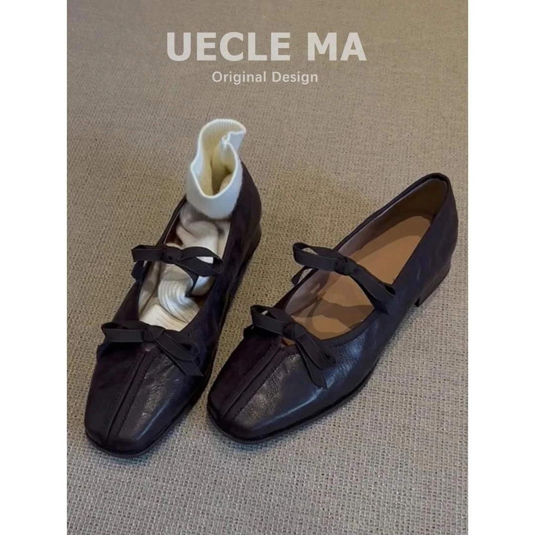 法式方跟浅口芭蕾舞鞋女软底配裙子复古玛丽珍鞋蝴蝶结粗跟单鞋子