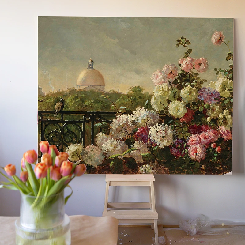 装饰画打印画芯 盛开 阳台花园 尺寸可定制油画布材质挂画海报