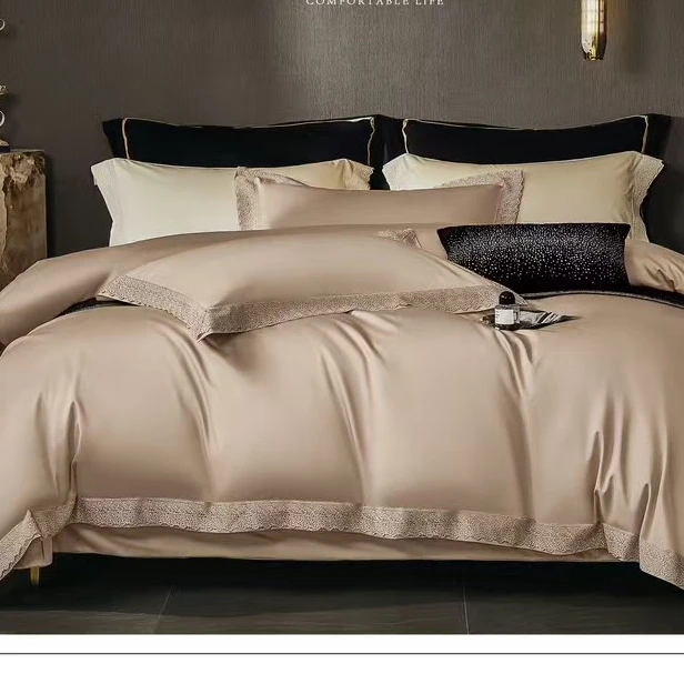 高奢纯色匹马棉磨毛四件套被套床上用品轻奢床品刺绣绣花素色欧式