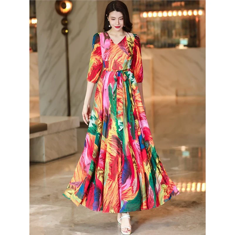 大摆裙波西米亚雪纺连衣裙女收腰显瘦时尚气质度假沙滩裙拍照长裙