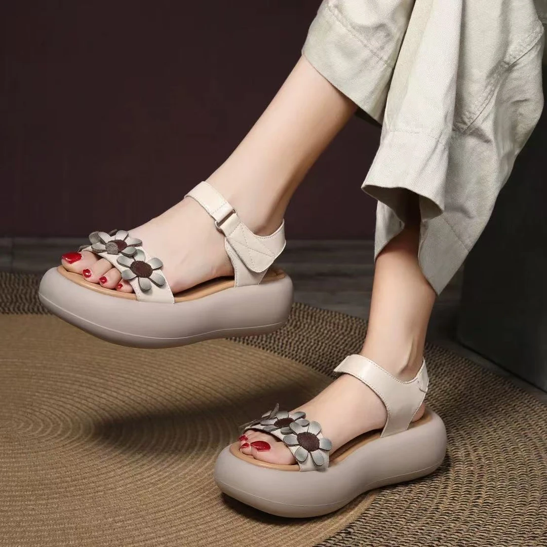 51613吉夏季新款牛皮松糕厚底增高民族风复古露趾透气复古凉鞋女