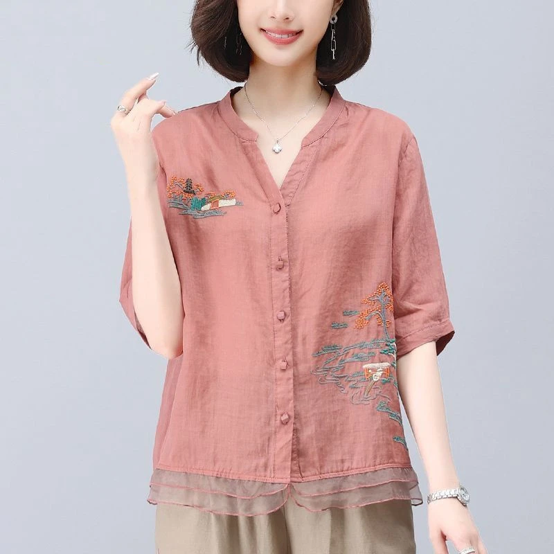 苎麻衬衫女夏2025新款时尚复古绣花T恤中年妈妈洋气减龄中袖上衣