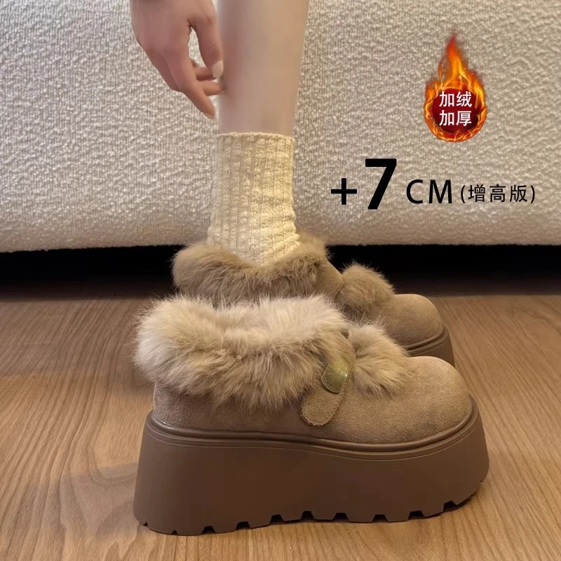 厚底加绒勃肯鞋女2025冬季新款松糕增高毛毛棉鞋小个子雪地靴
