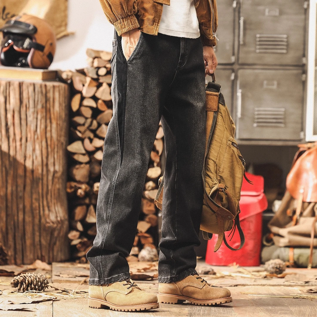 美式复古高街拼接直筒牛仔裤男士秋季新款潮牌阿美咔叽宽松休闲裤