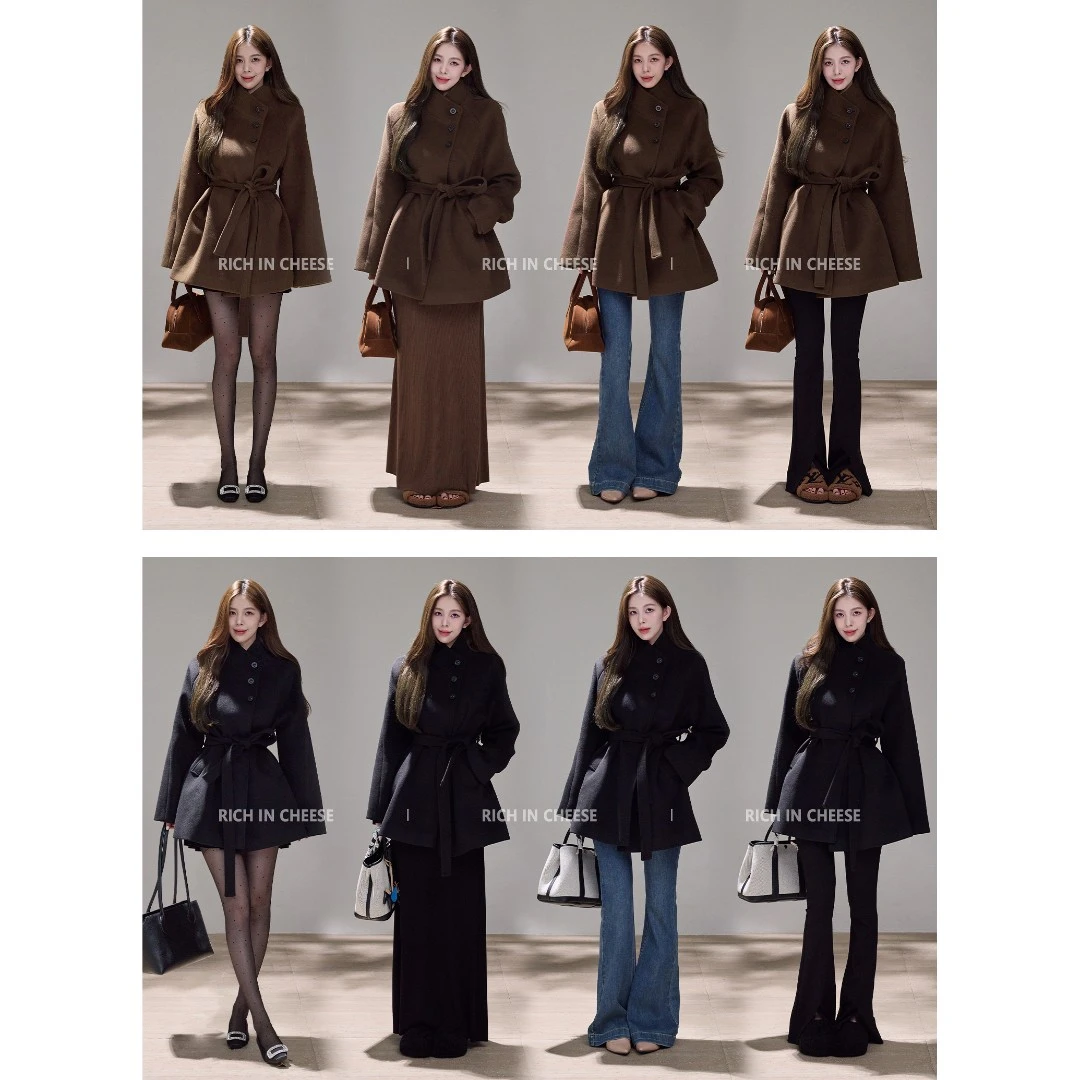 舒胡蕾 冬日旧约 高定设计感立领系带收腰百搭毛呢短外套(含腰带)