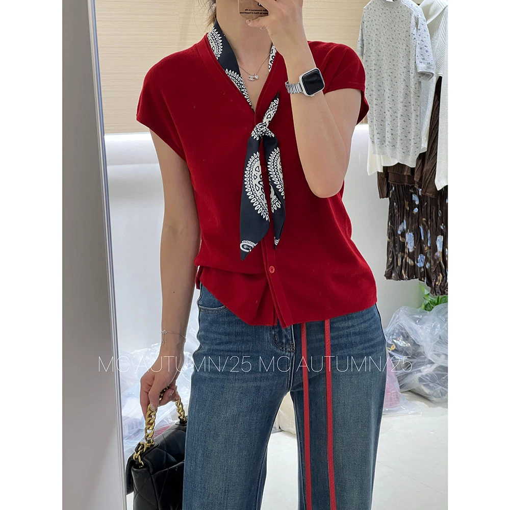 【丝巾针织气质短袖】欧洲站V领可做开衫纽扣设计上衣125831