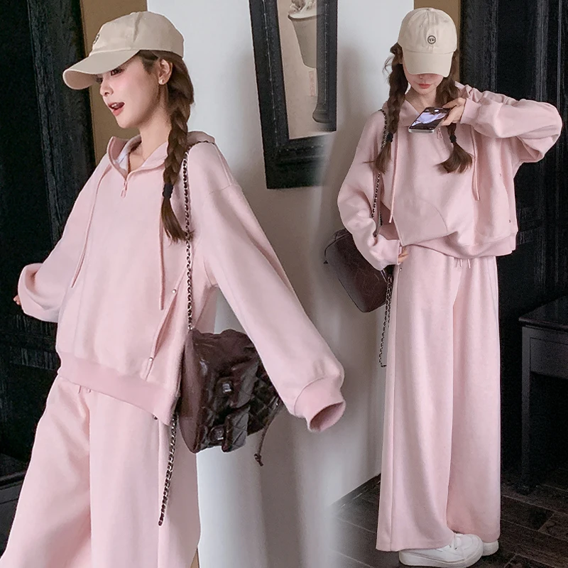 粉色宽松减龄连帽卫衣套装女2025秋新款盐甜系小个子阔腿裤两件套