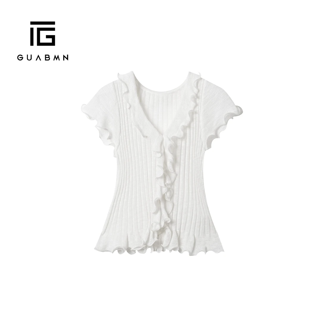 GUABMN2025夏季新款小众木耳边v领短袖上衣针织衫T恤夏日穿搭5131
