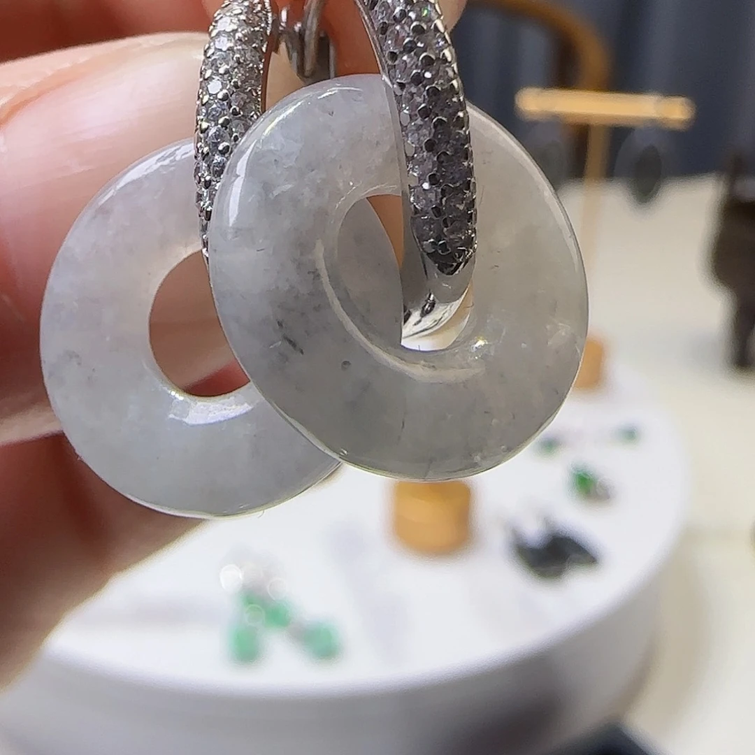 翡翠耳饰银S925镶嵌天然缅甸a货翡翠