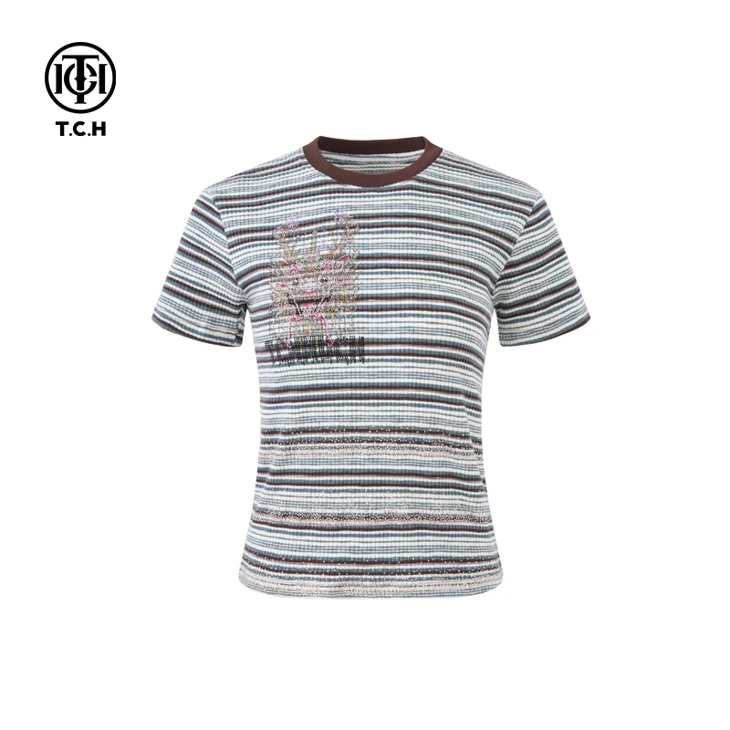 TCH服饰店-撞色烫钻修身短款正肩条纹针织短袖t恤女T75B098031