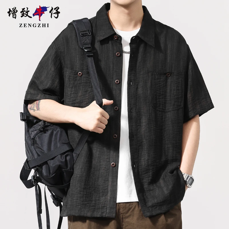 ZENGZHI/增致牛仔夏季男士休闲衬衫宽松半袖衬衣短袖薄款格纹黑色