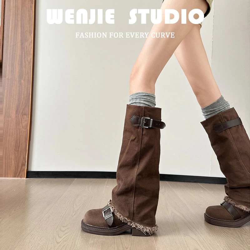 复古辣妹牛仔裤管靴2025新款千禧风粗腿长筒靴平跟大码女靴夏