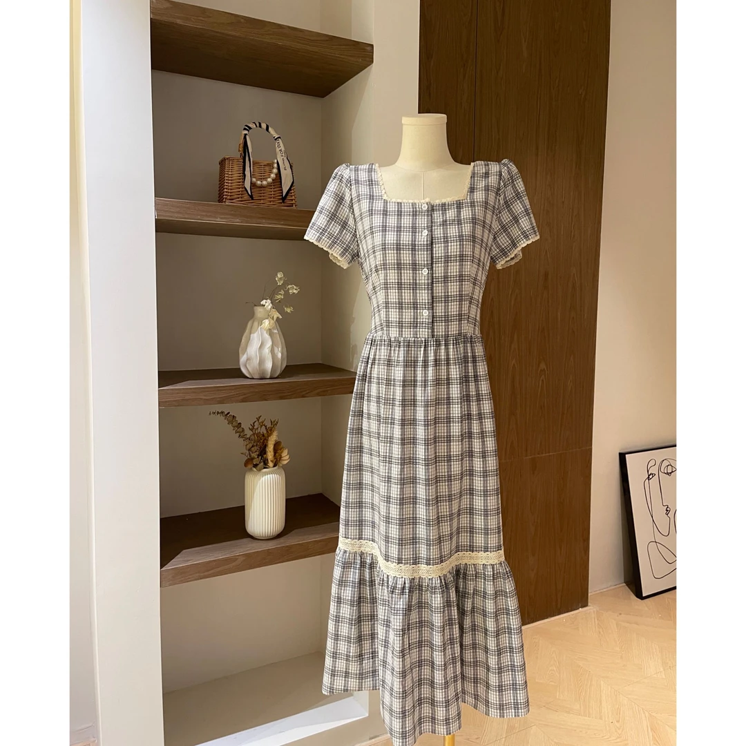 【木香】刺绣方领格子连衣裙2575私服号