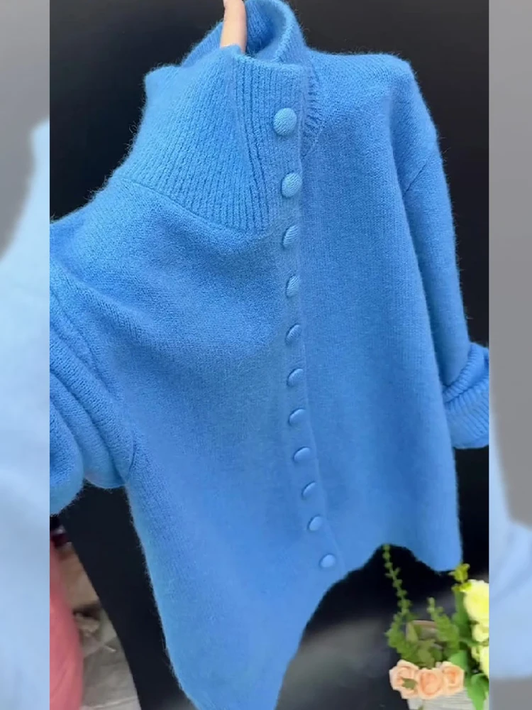 C3019-蓝色针织毛衣外套女2025秋冬季新款软糯保暖小个子开衫上衣