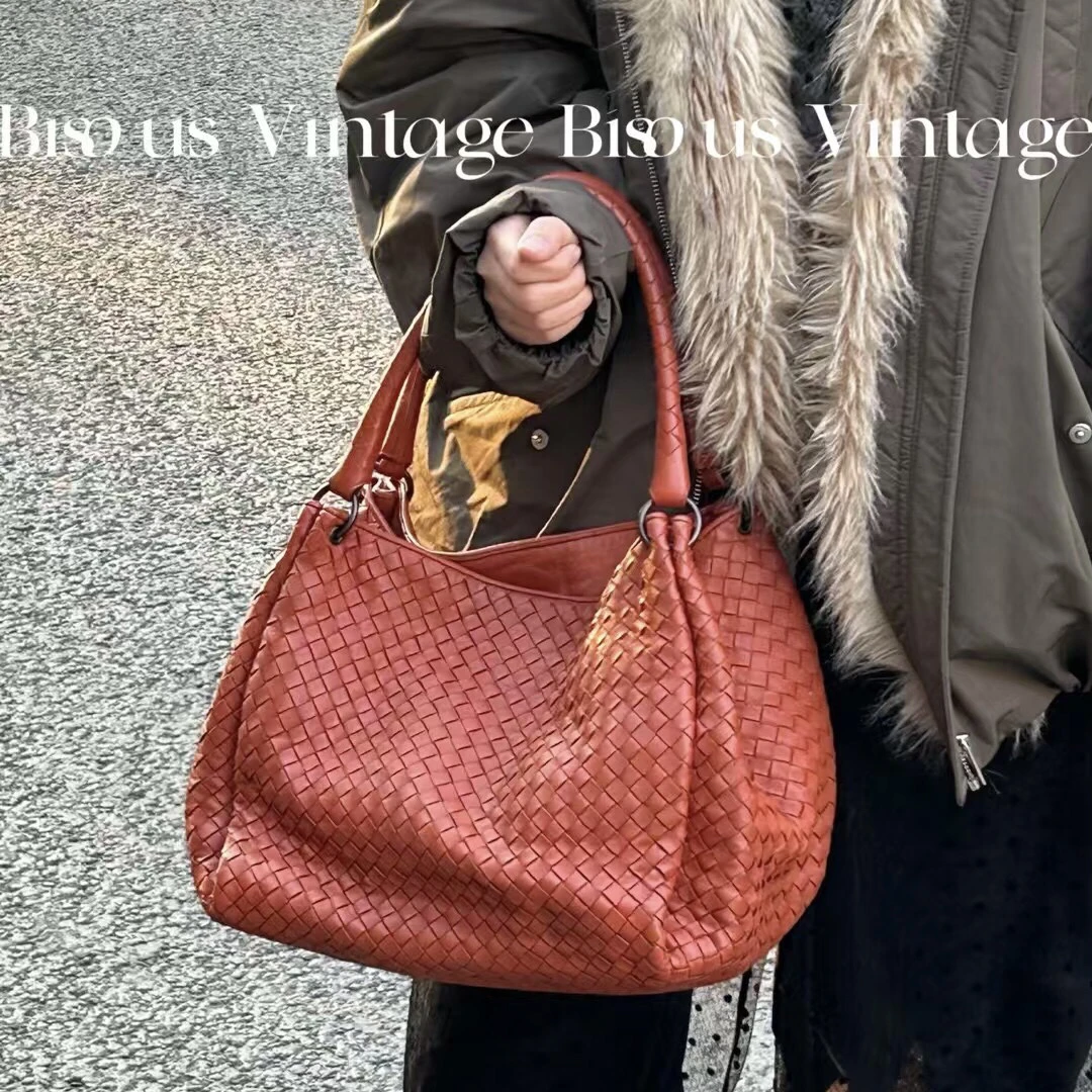 95新 BOTTEGA VENETA/葆蝶家 Bv 橘色 全皮编织 单肩包
