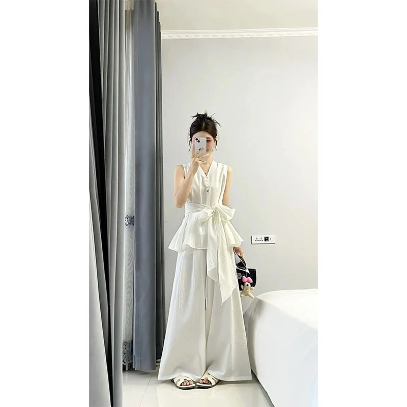 韩系设计感小众洋气修身显瘦绑带无袖上衣高腰宽松直筒裤阔腿裤女