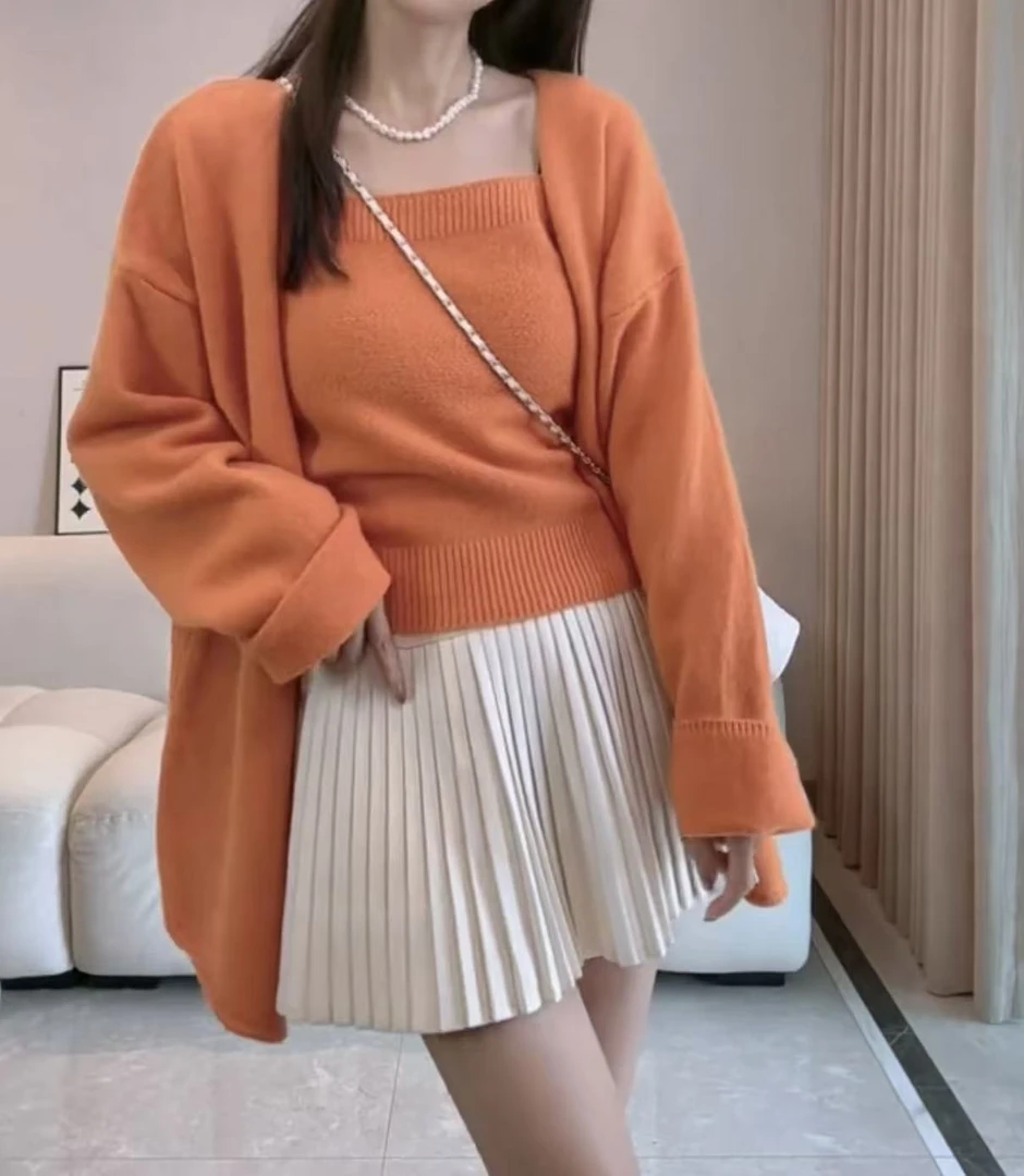 【高版本】韩系净色甜美减龄宽松百搭毛衣背心上衣+开衫两件套YL