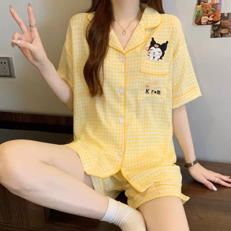 奶黄格子云朵棉睡衣休闲薄款套装女夏季短袖可爱卡通可外穿家居服