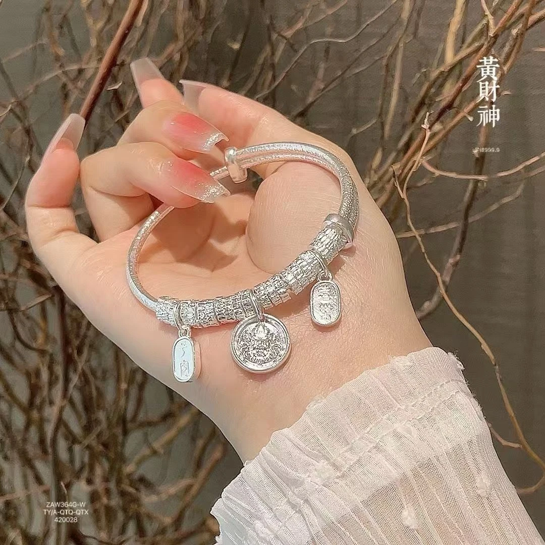 鹿怡 足银手镯 999.9黄财神盘缠30克推拉平安喜乐银镯3.8女神礼物
