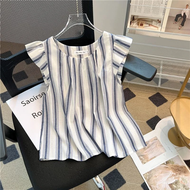 条纹衬衫女小飞袖夏季新款简约设计复古衬衣减龄休闲遮肚上衣小衫