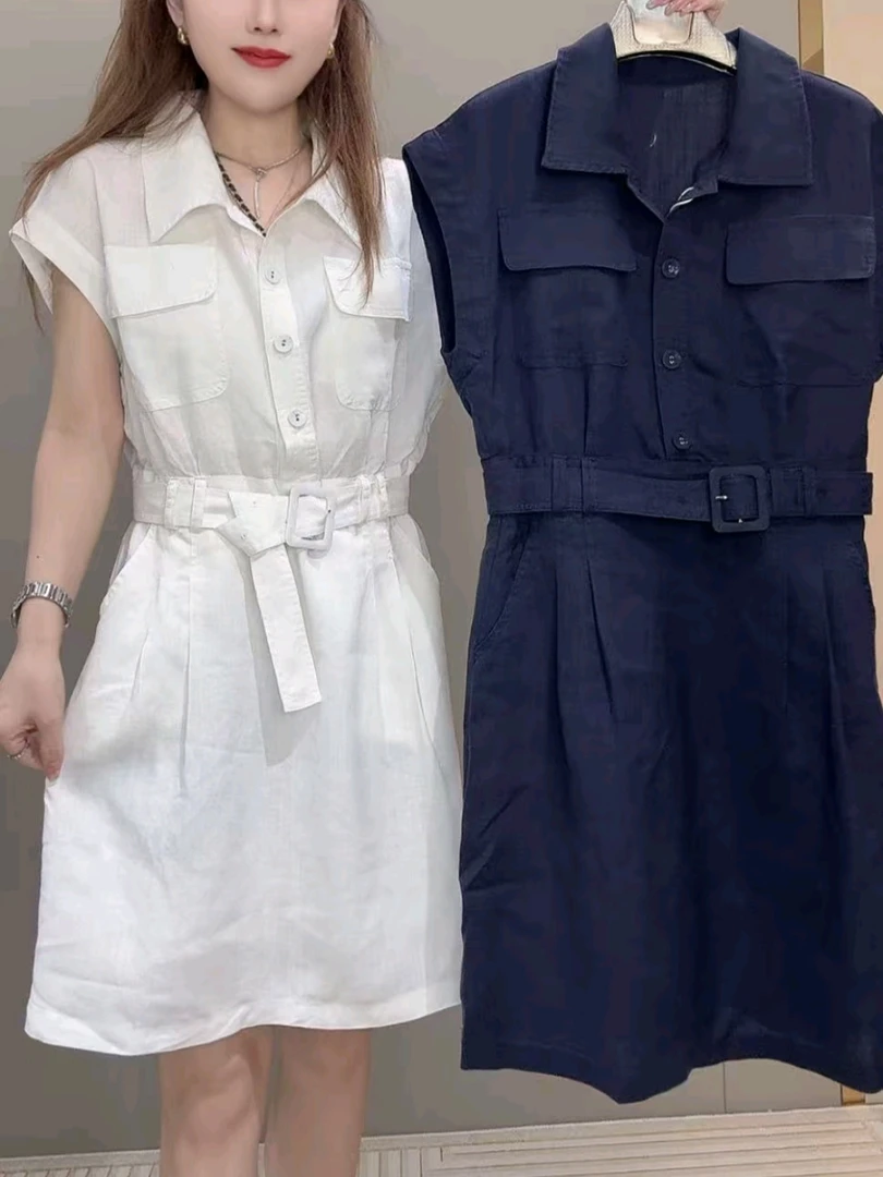 夏季新款时尚洋气减龄棉麻透气连衣裙短袖收腰显瘦休闲工装裙