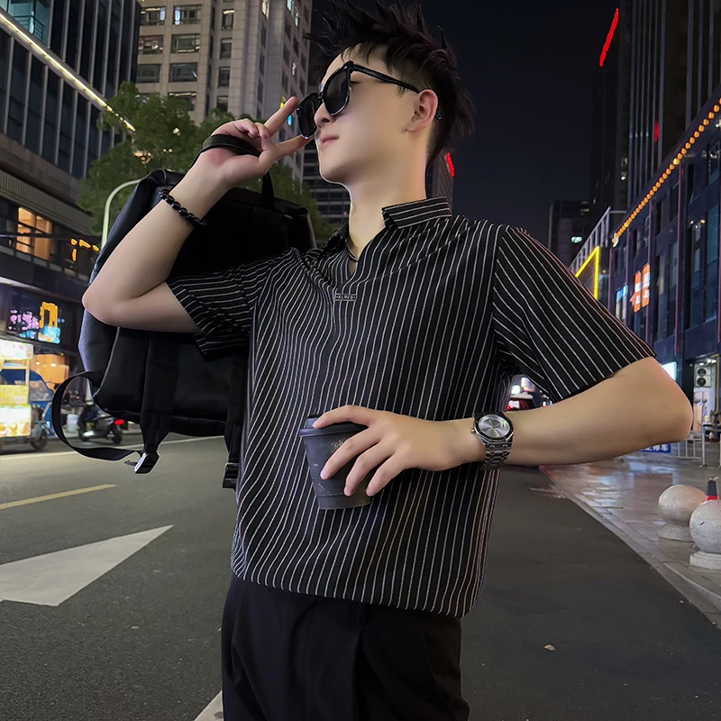 条纹polo衫男款短袖夏季2025新款爆款痞帅高级感男装衣服翻领t恤