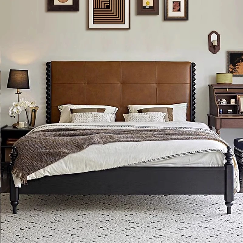 【莫里斯床.羊羊力荐】法式复古真皮软包床中古风全实木双人大床