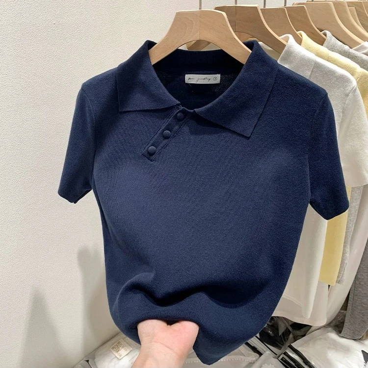 冰丝针织衫polo领上衣女夏设计感宽松显瘦斜纽扣薄款正肩短袖t恤